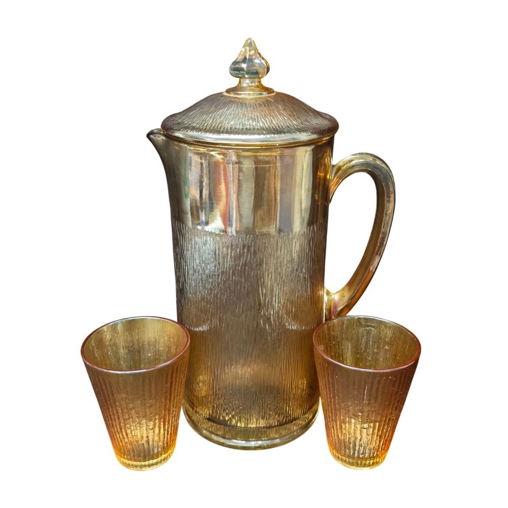 Vintage Jeanette Glass Marigold Carnival Treebark Beverage Pitcher & Tumblers